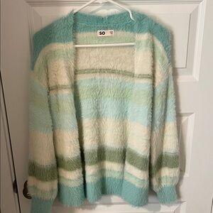 SO Kids Fuzzy Striped Sweater - Blue, Green, White